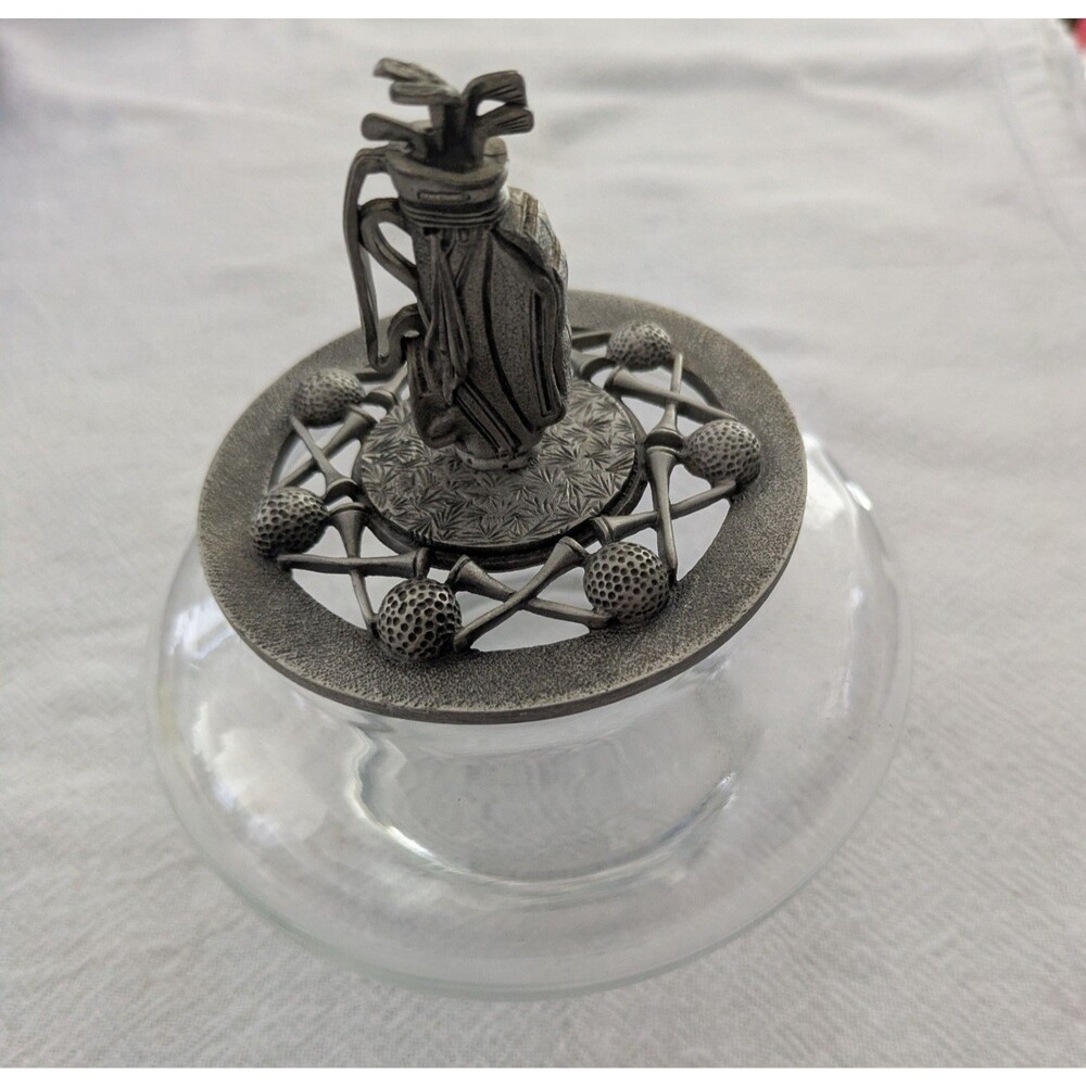 Vintage 1991 Princess House Pewter Golf Theme Lid Glass Jar Candy Dish USA Made